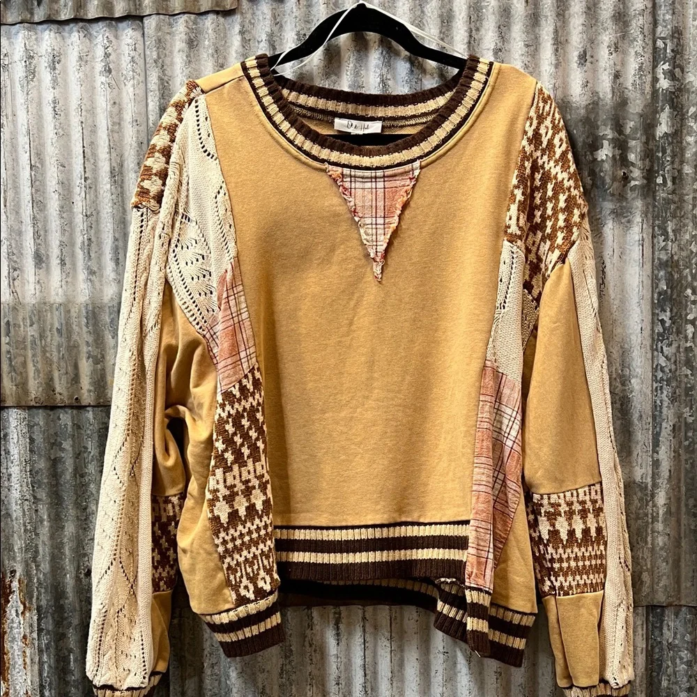 Oli & Hali Patchwork Beige Cream and Brown Knit Pullover